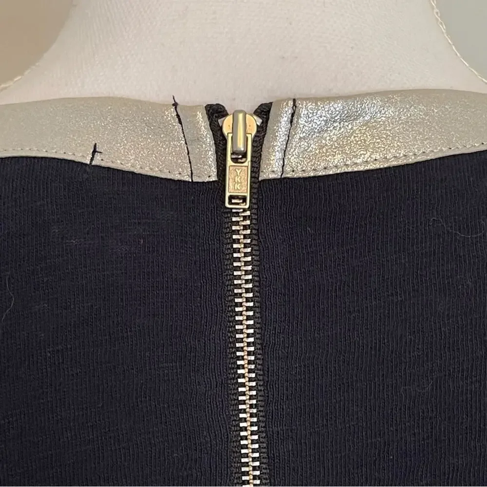 J. Crew Shimmery Leather Trim Collar Blue Painter T-Shirt Medium